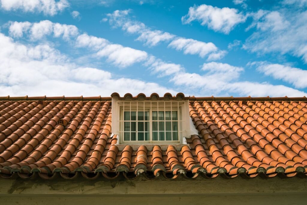 Roof with blue sky behind it
